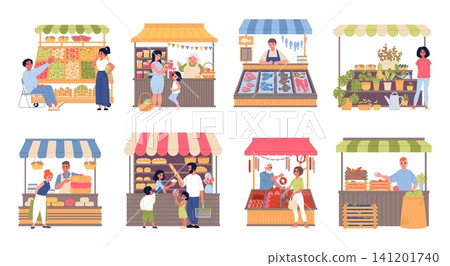 Farmers market people. Local food vendors and happy customers, fresh produce, bakery, flowers, organic products outdoor, farm organic purchase in kiosk classy vector cartoon isolated set Farmers market people. Local food vendors and happy customers, fresh produce, bakery, flowers, organic products outdoor, farm organic purchase in kiosk classy vector cartoon isolated set 141201740