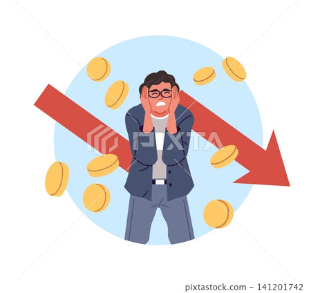 Financial loss and economic downturn. Stressed businessman facing falling profits, market decline, investment risk and recession, budget pressure, down arrow signals vector cartoon concept Financial loss and economic downturn. Stressed businessman facing falling profits, market decline, investment risk and recession, budget pressure, down arrow signals vector cartoon concept 141201742