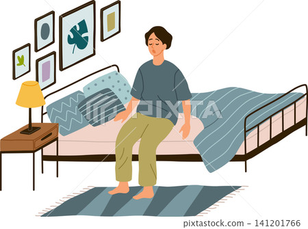 Person sitting on bed. Cozy bedroom with pillows, blanket, home comfort, rest and daily sleep routine. Everyday morning wakeup. Happy man in pajamas. Vector cartoon isolated illustration Person sitting on bed. Cozy bedroom with pillows, blanket, home comfort, rest and daily sleep routine. Everyday morning wakeup. Happy man in pajamas. Vector cartoon isolated illustration 141201766