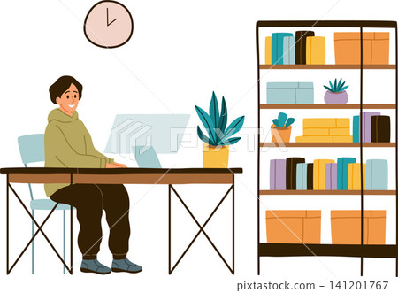 Person working at desk. Home office workspace with computer, freelance man, remote work, productivity, study and organized workspace in modern interior. Vector cartoon isolated illustration Person working at desk. Home office workspace with computer, freelance man, remote work, productivity, study and organized workspace in modern interior. Vector cartoon isolated illustration 141201767