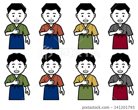 [Alternate color] Icon of a man in a samue (traditional Japanese work clothing) and apron with his hand on his chest. 141201793