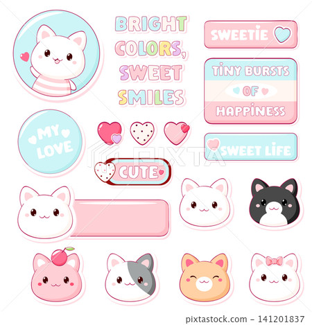 Set for scrapbooking in kawaii style. Cute badge, tag, label with cat, heart, watermelon. Sweet kitty themed cozy sticker. Can be used for t-shirt print, sticker, badge. Vector EPS8 Set for scrapbooking in kawaii style. Cute badge, tag, label with cat, heart, watermelon. Sweet kitty themed cozy sticker. Can be used for t-shirt print, sticker, badge. Vector EPS8 141201837