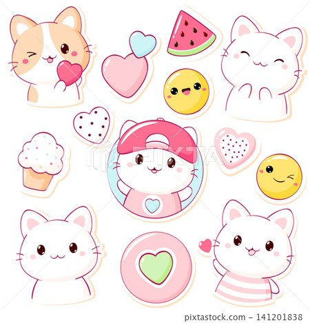 Set for scrapbooking in kawaii style. Cute badge, tag, label with cat, heart, watermelon. Sweet kitty themed collection of cozy sticker. Can be used for t-shirt print, sticker, badge. Vector EPS8 Set for scrapbooking in kawaii style. Cute badge, tag, label with cat, heart, watermelon. Sweet kitty themed collection of cozy sticker. Can be used for t-shirt print, sticker, badge. Vector EPS8 141201838