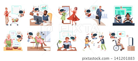 People use ai assistants in everyday life. Friendly robot companion helps with cooking, shopping, elderly care, smart home, men and women use technologies tidy vector cartoon isolated set People use ai assistants in everyday life. Friendly robot companion helps with cooking, shopping, elderly care, smart home, men and women use technologies tidy vector cartoon isolated set 141201883