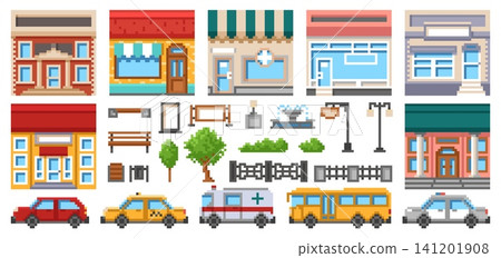 Pixel art city elements. Urban transport, different stores, shops, houses, park trees and plants, lanterns, fences and benches, retro arcade 8-bit buildings, qualitative vector isolated set Pixel art city elements. Urban transport, different stores, shops, houses, park trees and plants, lanterns, fences and benches, retro arcade 8-bit buildings, qualitative vector isolated set 141201908