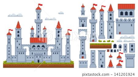 Pixel fantasy castle constructor. Medieval towers, walls and fortress assets for platformer, rpg game design, 8 bit towers, walls, gates, roofs and flags, qualitative vector cartoon flat set Pixel fantasy castle constructor. Medieval towers, walls and fortress assets for platformer, rpg game design, 8 bit towers, walls, gates, roofs and flags, qualitative vector cartoon flat set 141201924