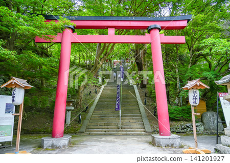 The torii gate and stairs at the entrance of Tanzan Shrine in Sakurai City, Nara Prefecture, amidst the beautiful fresh greenery. The torii gate and stairs at the entrance of Tanzan Shrine in Sakurai City, Nara Prefecture, amidst the beautiful fresh greenery. 141201927