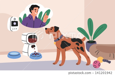 Smart pet feeder and home remote monitoring. Dog using automatic food dispenser, owner video call, modern care technology, owner communication indoor scene garish vector cartoon flat concept Smart pet feeder and home remote monitoring. Dog using automatic food dispenser, owner video call, modern care technology, owner communication indoor scene garish vector cartoon flat concept 141201942
