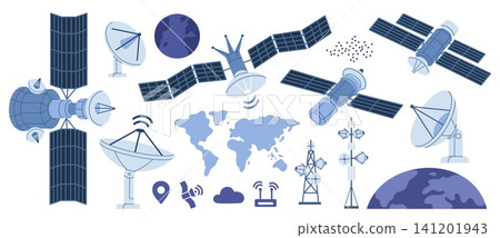 Space communication technology. Satellites, radar antennas, global network and wireless signal icons, modern aerospace, telecommunications infrastructure garish vector cartoon isolated set 141201943
