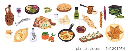 Traditional georgian cuisine. Tasty khinkali, khachapuri, sweet churchkhela, wine, sauces and authentic national food, assorted oriental dishes, decorative stickers garish vector cartoon set Traditional georgian cuisine. Tasty khinkali, khachapuri, sweet churchkhela, wine, sauces and authentic national food, assorted oriental dishes, decorative stickers garish vector cartoon set 141201954