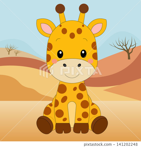 Cute cartoon baby giraffe sitting in the desert illustration Cute cartoon baby giraffe sitting in the desert illustration 141202248