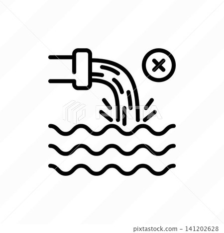 Wastewater, dirty toxic water falling in the ocean from pipe thin line icon. Water pollution. Vector illustration. Wastewater, dirty toxic water falling in the ocean from pipe thin line icon. Water pollution. Vector illustration. 141202628