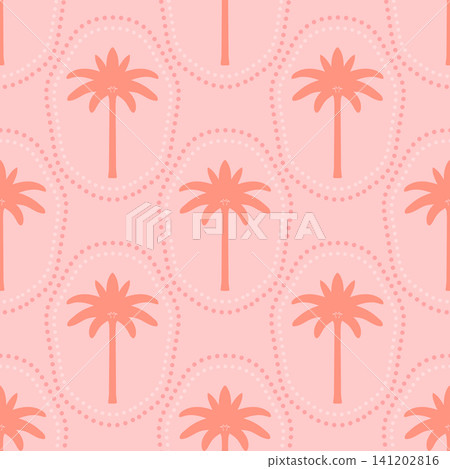Palm trees vector seamless pattern illustration. Tonal coral palm silhouettes on pink background. Tropical coastal summer repeat tile in minimal block print style for fabric, wallpaper, print 141202816