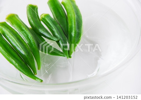 Boiled okra removed and placed in cold water Boiled okra removed and placed in cold water 141203152