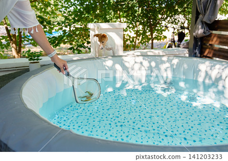 Person cleaning inflatable pool with net Person cleaning inflatable pool with net 141203233