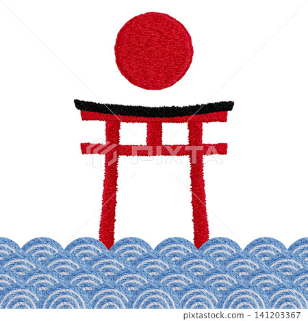 [Torii gate, sun, and wave pattern material] Hand embroidery illustration material 141203367