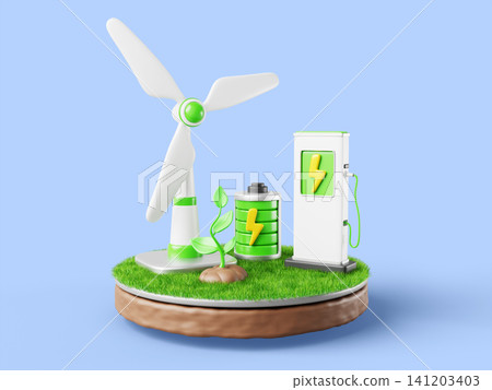 Sustainable ecology concept. Green 3D island with windmill turbines, battery renewable power, small plant sprout, EV charging station flying in blue sky. Environment cartoon graphics. 3D illustration 141203403