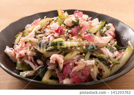 Pickled plum jellyfish, chicken breast, cucumber, and Japanese-style salad. Pickled plum jellyfish, chicken breast, cucumber, and Japanese-style salad. 141203762