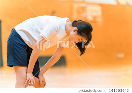Elementary school, junior high school, and high school girls in gym clothes tired from hard training in the gym Elementary school, junior high school, and high school girls in gym clothes tired from hard training in the gym 141203942