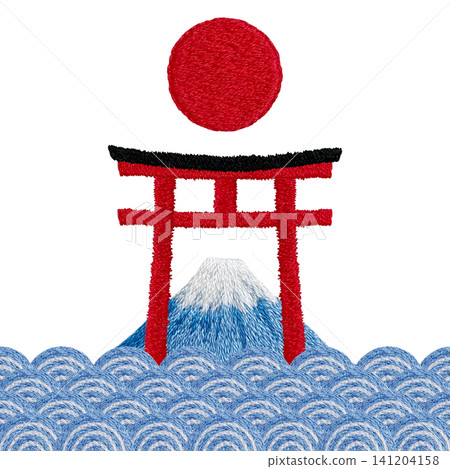 【包含鳥居、太陽、波浪紋和富士山圖案的素材】手工刺繡插畫素材 【包含鳥居、太陽、波浪紋和富士山圖案的素材】手工刺繡插畫素材 141204158