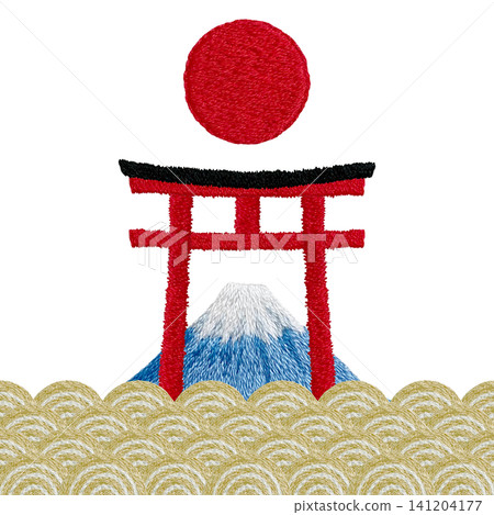 【包含鳥居、太陽、波浪紋和富士山圖案的素材】手工刺繡插畫素材 【包含鳥居、太陽、波浪紋和富士山圖案的素材】手工刺繡插畫素材 141204177