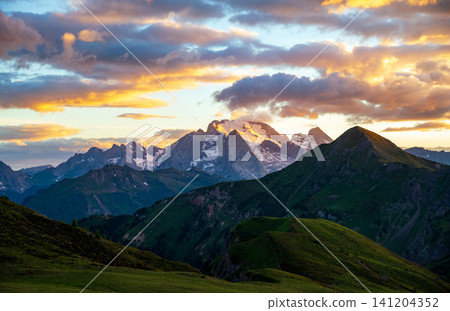 The Giau Pass at sunset, Belluno, Dolomites, South Tyrol, Italy The Giau Pass at sunset, Belluno, Dolomites, South Tyrol, Italy 141204352