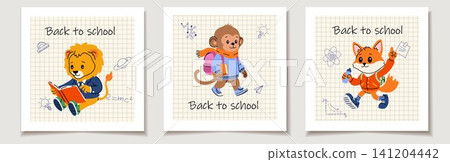 Back to School Cards with Lion Monkey and Fox Back to School Cards with Lion Monkey and Fox 141204442