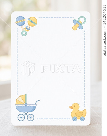 Pastel baby themed blank invitation card template featuring cute toys and nursery icons for celebrations Pastel baby themed blank invitation card template featuring cute toys and nursery icons for celebrations 141204513