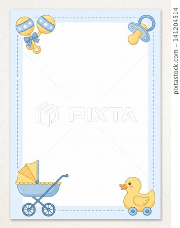 Cute baby boy themed decorative border frame with toys and carriage for invitations with carriage rubber duck 141204514
