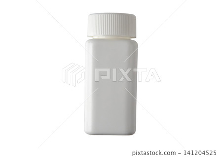 White plastic medicine bottle mockup flat lay isolated on white White plastic medicine bottle mockup flat lay isolated on white 141204525