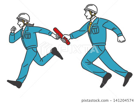 Vector illustration of the hands of male and female construction workers passing a baton. Vector illustration of the hands of male and female construction workers passing a baton. 141204574