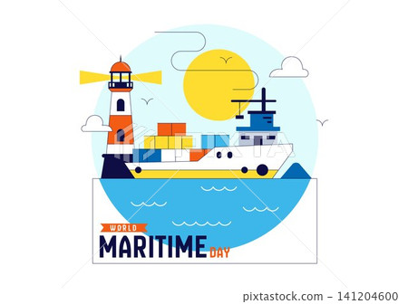 World Maritime Day Vector Illustration Featuring Cargo Ship, Lighthouse, Marine Navigation, Ocean Transportation, Global Shipping, and Seaport World Maritime Day Vector Illustration Featuring Cargo Ship, Lighthouse, Marine Navigation, Ocean Transportation, Global Shipping, and Seaport 141204600