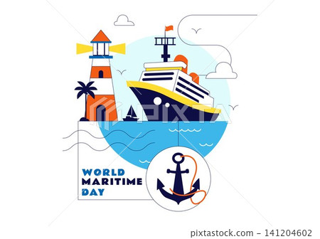 World Maritime Day Vector Illustration Featuring Cargo Ship, Lighthouse, Marine Navigation, Ocean Transportation, Global Shipping, and Seaport World Maritime Day Vector Illustration Featuring Cargo Ship, Lighthouse, Marine Navigation, Ocean Transportation, Global Shipping, and Seaport 141204602