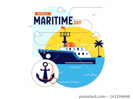 World Maritime Day Vector Illustration Featuring Cargo Ship, Lighthouse, Marine Navigation, Ocean Transportation, Global Shipping, and Seaport World Maritime Day Vector Illustration Featuring Cargo Ship, Lighthouse, Marine Navigation, Ocean Transportation, Global Shipping, and Seaport 141204606