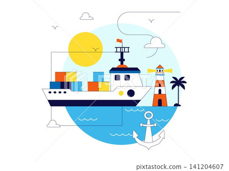World Maritime Day Vector Illustration Featuring Cargo Ship, Lighthouse, Marine Navigation, Ocean Transportation, Global Shipping, and Seaport World Maritime Day Vector Illustration Featuring Cargo Ship, Lighthouse, Marine Navigation, Ocean Transportation, Global Shipping, and Seaport 141204607