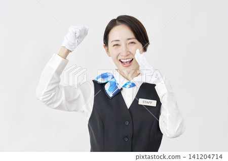 Female staff member, receptionist/bus guide, support, white background Female staff member, receptionist/bus guide, support, white background 141204714
