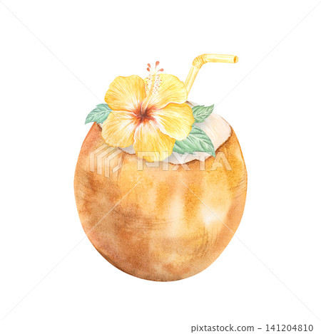 Watercolor illustration of a tropical coconut cocktail with a straw. Coconut water on the beach, while traveling, or on vacation. Hand-drawn summer yellow hibiscus flower. Suitable for design, print 141204810