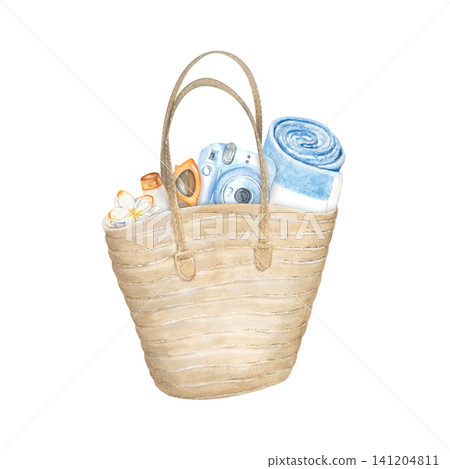 A watercolor woven straw beach bag with accessories for a beach vacation at the seaside. SPF cream, a plumeria flower hair clip, and travel sunglasses are included. The striped towel is hand-painted. 141204811
