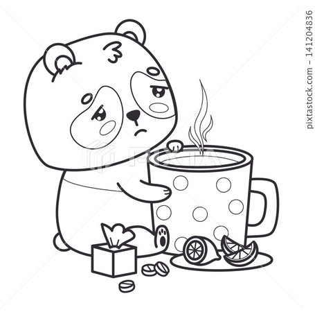 Outline Sick Panda Sitting with Hot Tea Cup, Pills and Tissues. Sad Cartoon Kawaii Bear Character with Cold, Flu Symptoms, Lemon Slice and Medicine. Line drawing, coloring page Vector Illustration. Outline Sick Panda Sitting with Hot Tea Cup, Pills and Tissues. Sad Cartoon Kawaii Bear Character with Cold, Flu Symptoms, Lemon Slice and Medicine. Line drawing, coloring page Vector Illustration. 141204836