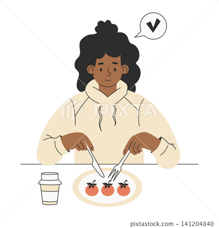 Neurodiversity. Autistic Black Woman Eating Symmetrical Identical Food Row Tomatoes on Plate. Safe Food and Sensory Regulation. Selective Eating Disorder Awareness. Minimalistic Vector Illustration Neurodiversity. Autistic Black Woman Eating Symmetrical Identical Food Row Tomatoes on Plate. Safe Food and Sensory Regulation. Selective Eating Disorder Awareness. Minimalistic Vector Illustration 141204840