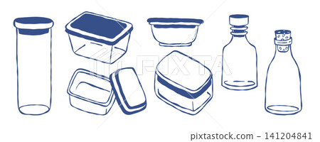 Food Storage Containers and Kitchen Bottles. Empty Glass Jars, Bento Lunch Boxes and Canisters for Pantry Organization Set. Isolated Blue Hand-Drawn Doodle. Vector Illustration. Reusable Kitchenware. Food Storage Containers and Kitchen Bottles. Empty Glass Jars, Bento Lunch Boxes and Canisters for Pantry Organization Set. Isolated Blue Hand-Drawn Doodle. Vector Illustration. Reusable Kitchenware. 141204841