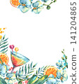Watercolor tropical summer frame with cocktail and orchid flower. Hand drawn exotic border with fruit and palm leaf. Design element for greeting card, invitation and holiday party menu. 141204865