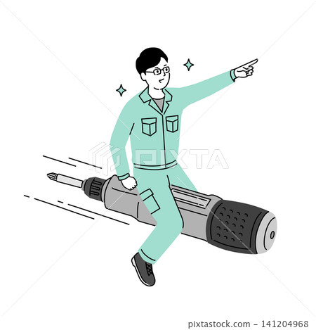 An illustration of a young male worker rushing to the scene on an electric screwdriver. An illustration of a young male worker rushing to the scene on an electric screwdriver. 141204968
