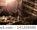 Business man on digital stock market financial indicator background. Digital business and stock market financial indicator on LED. Double exposure of business man and digital stock market financial. 141204986