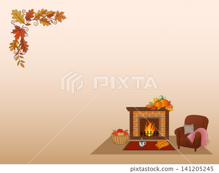 An autumn-themed illustration featuring a brick fireplace, an armchair draped with a soft scarf, a basket of apples, a steaming mug, and a folded blanket on a rug, decorated with colorful fall leaves. 141205245