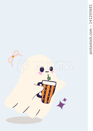 Halloween Gift Tag Cute Ghost Holding Orange Tumbler with Bow and Copy Space Halloween Gift Tag Cute Ghost Holding Orange Tumbler with Bow and Copy Space 141205681