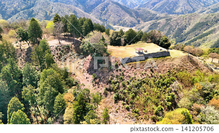 Aerial view of Arikoyama Castle in Izushi, Toyooka City, Tajima Province. Aerial view of Arikoyama Castle in Izushi, Toyooka City, Tajima Province. 141205706