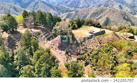Aerial view of Arikoyama Castle in Izushi, Toyooka City, Tajima Province. 141205707