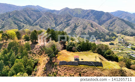 Aerial view of Arikoyama Castle in Izushi, Toyooka City, Tajima Province. Aerial view of Arikoyama Castle in Izushi, Toyooka City, Tajima Province. 141205711