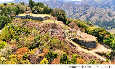Aerial view of Arikoyama Castle in Izushi, Toyooka City, Tajima Province. Aerial view of Arikoyama Castle in Izushi, Toyooka City, Tajima Province. 141205719